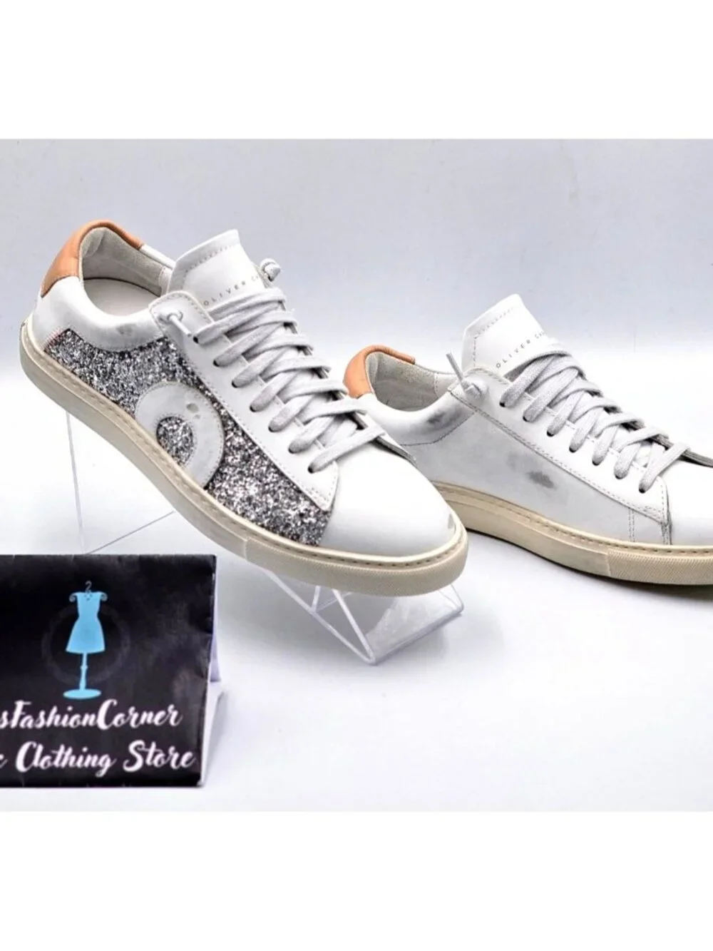 NWOB Oliver Cabell Women Low 1 LEEDS White Leather Sneakers Glitter  Sz 5.5 2254 - Picture 6 of 16